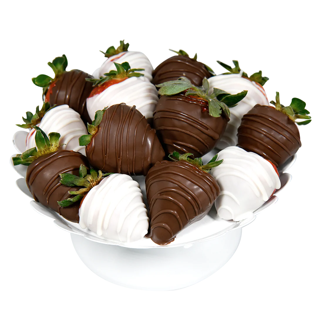 Assortment of strawberries dipped in milk chocolate and white chocolate